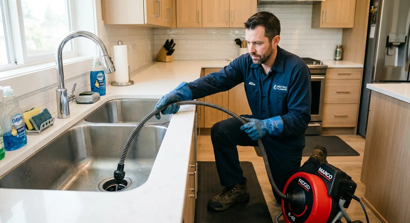Drain cleaning technician using a motorized snake on a kitchen sink in Gustine