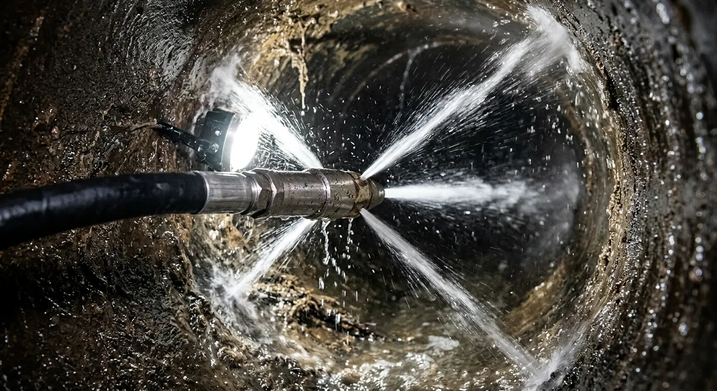 High-pressure hydro jetting nozzle cleaning sewer pipe for Emergency Drain Service in Gustine
