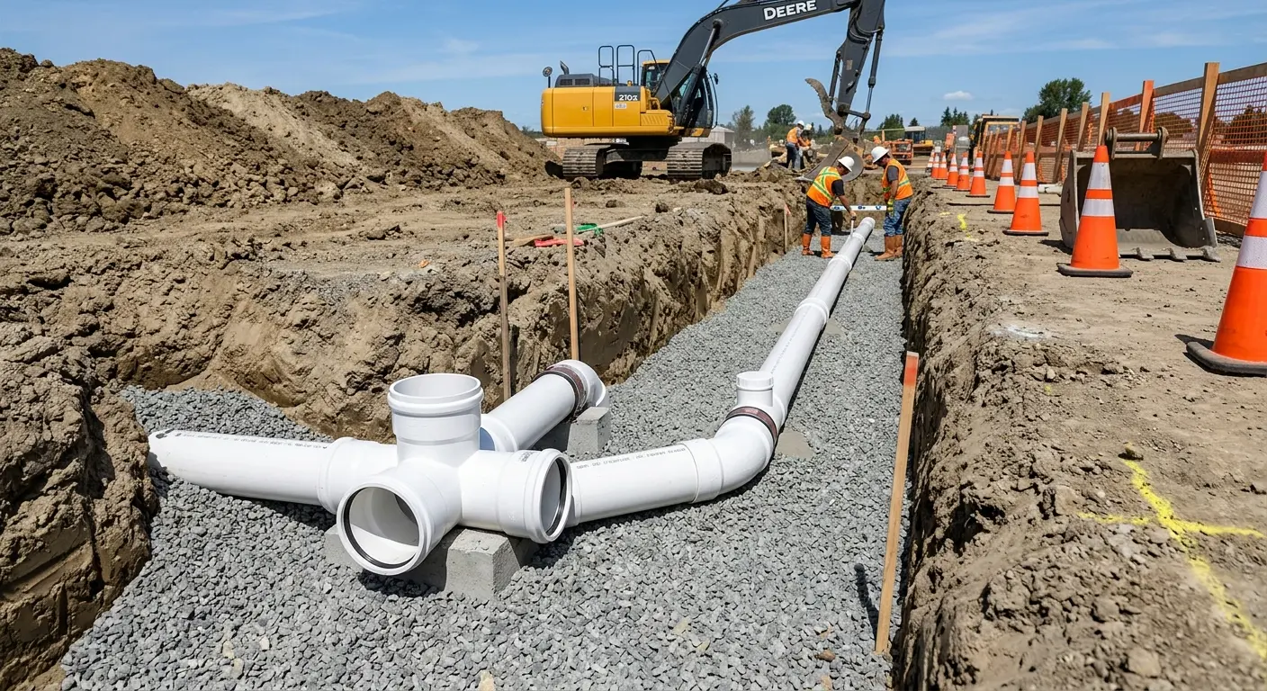 New PVC sewer pipe installation in open trench for Grease Trap Cleaning in Gustine