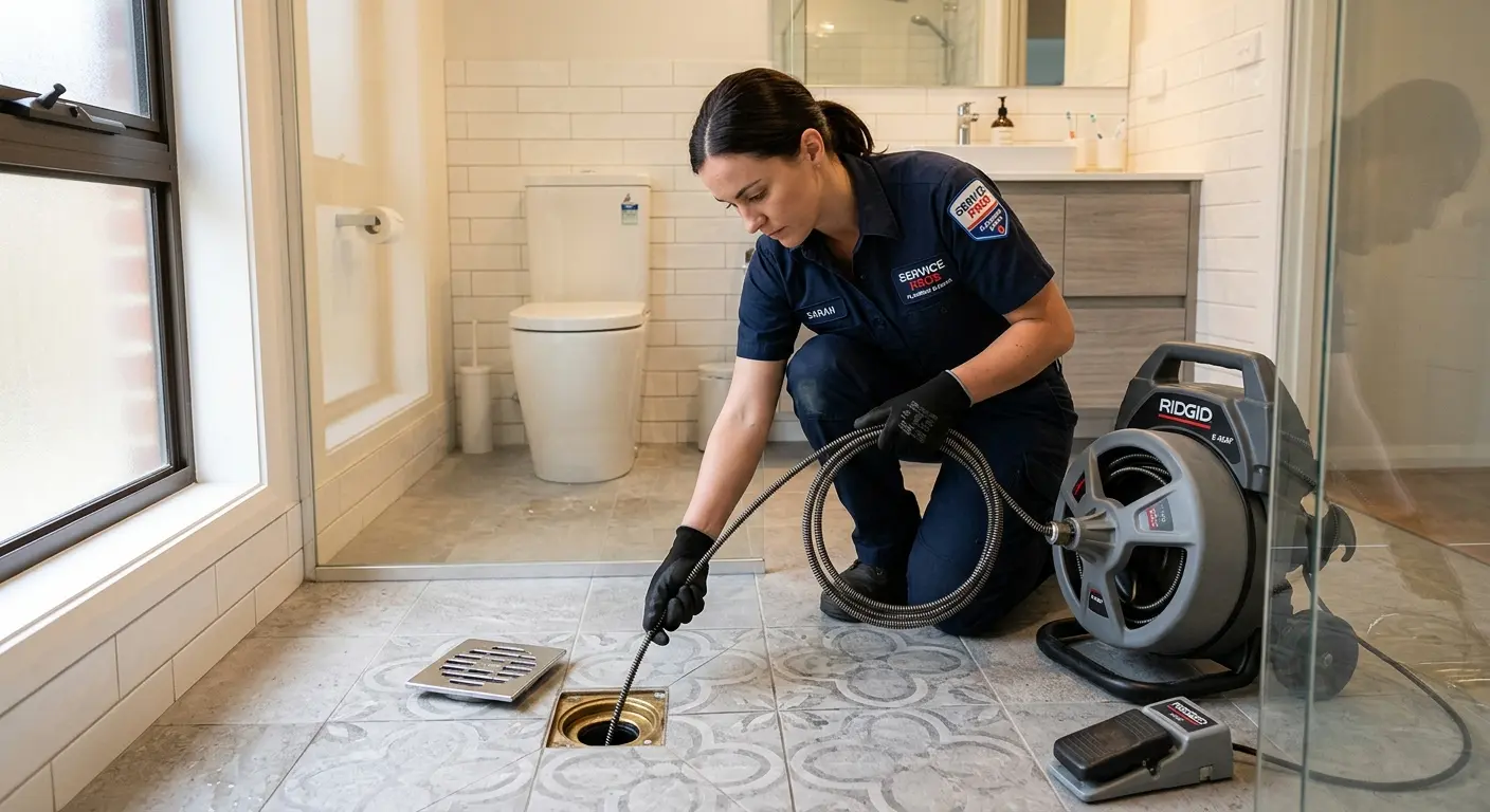 Technician clearing a bathroom floor drain for Sewer Line Installation in Gustine